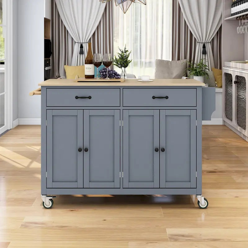 Carrello da Cucina/Isola in MDF con Piano in Legno Massello, Porta Spezie e Ruote Bloccabili