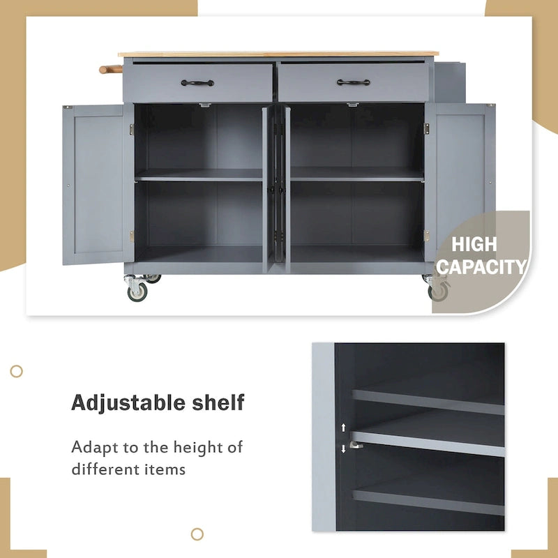 Carrello da Cucina/Isola in MDF con Piano in Legno Massello, Porta Spezie e Ruote Bloccabili