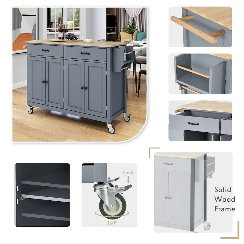 Carrello da Cucina/Isola in MDF con Piano in Legno Massello, Porta Spezie e Ruote Bloccabili