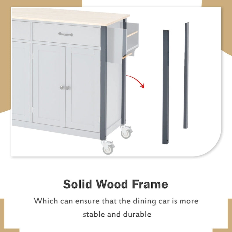 Carrello da Cucina/Isola in MDF con Piano in Legno Massello, Porta Spezie e Ruote Bloccabili