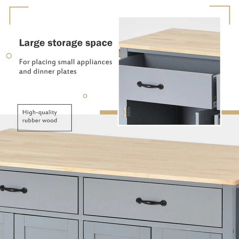 Carrello da Cucina/Isola in MDF con Piano in Legno Massello, Porta Spezie e Ruote Bloccabili