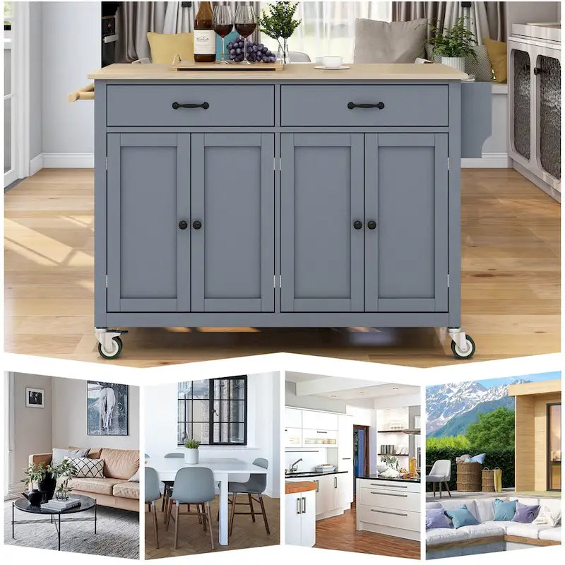 Carrello da Cucina/Isola in MDF con Piano in Legno Massello, Porta Spezie e Ruote Bloccabili