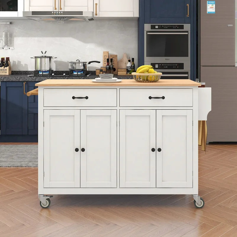 Carrello da Cucina/Isola in MDF con Piano in Legno Massello, Porta Spezie e Ruote Bloccabili