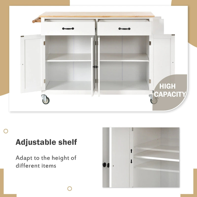 Carrello da Cucina/Isola in MDF con Piano in Legno Massello, Porta Spezie e Ruote Bloccabili