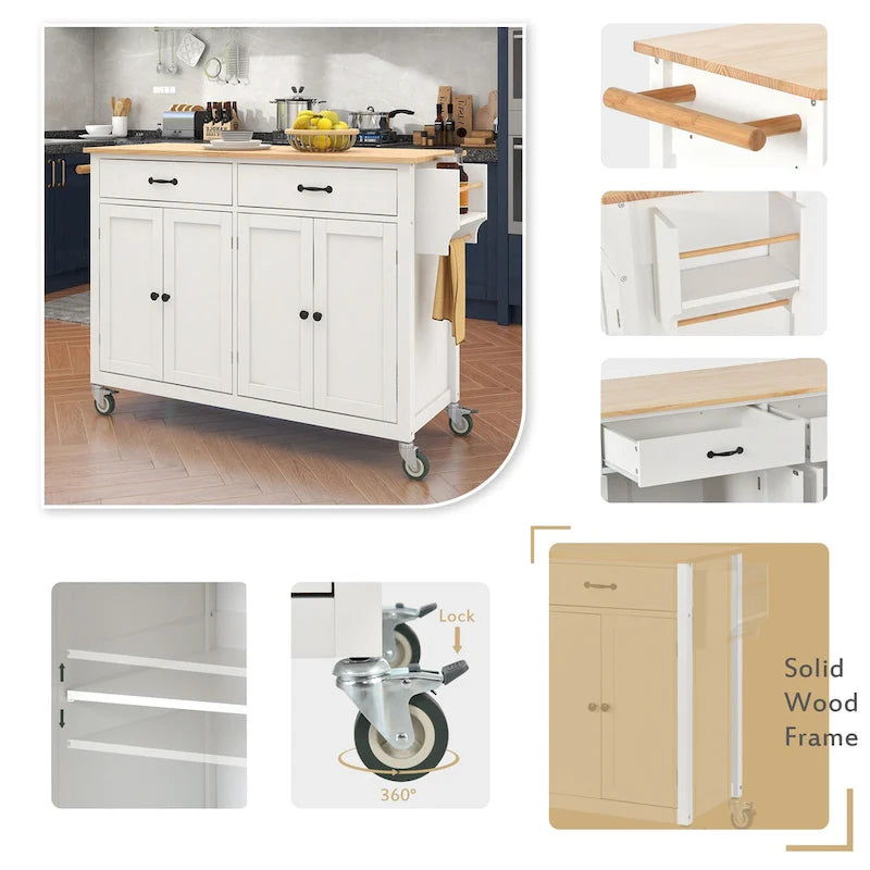 Carrello da Cucina/Isola in MDF con Piano in Legno Massello, Porta Spezie e Ruote Bloccabili