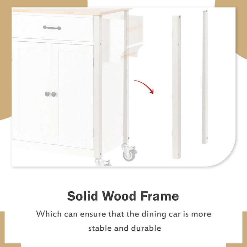 Carrello da Cucina/Isola in MDF con Piano in Legno Massello, Porta Spezie e Ruote Bloccabili