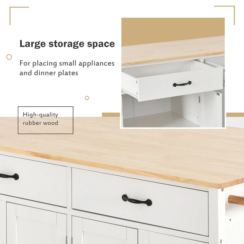 Carrello da Cucina/Isola in MDF con Piano in Legno Massello, Porta Spezie e Ruote Bloccabili