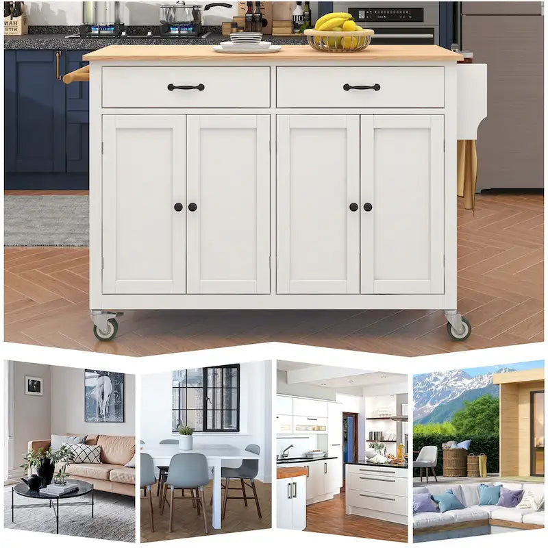 Carrello da Cucina/Isola in MDF con Piano in Legno Massello, Porta Spezie e Ruote Bloccabili