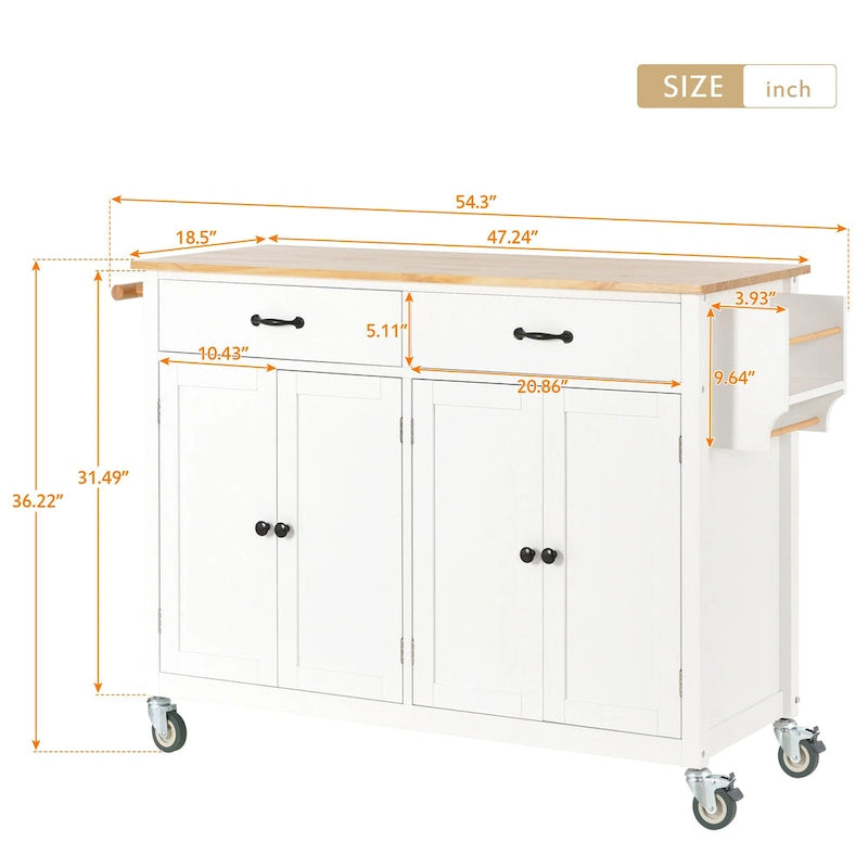 Carrello da Cucina/Isola in MDF con Piano in Legno Massello, Porta Spezie e Ruote Bloccabili