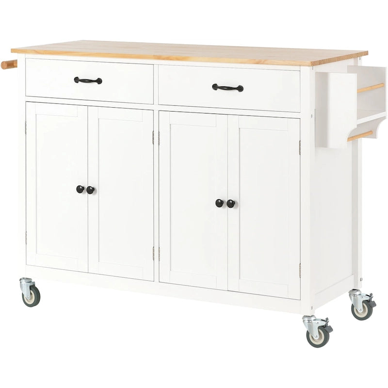 Carrello da Cucina/Isola in MDF con Piano in Legno Massello, Porta Spezie e Ruote Bloccabili