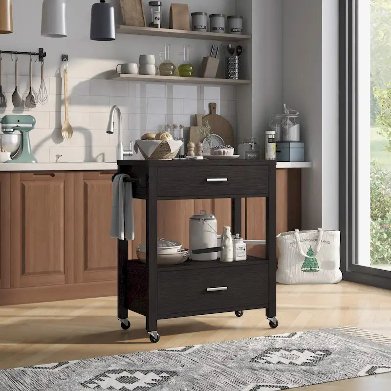 Carrello da portata moderno a 2 cassetti con portasciugamani e ripiano aperto