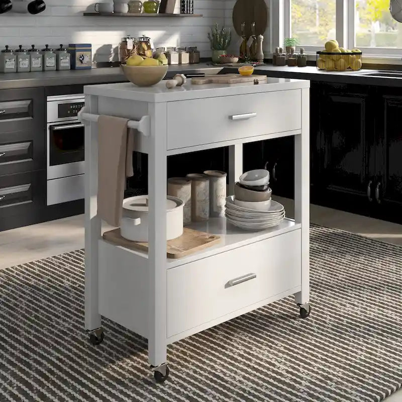 Carrello da portata moderno a 2 cassetti con portasciugamani e ripiano aperto