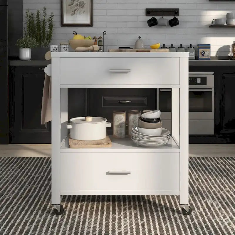 Carrello da portata moderno a 2 cassetti con portasciugamani e ripiano aperto