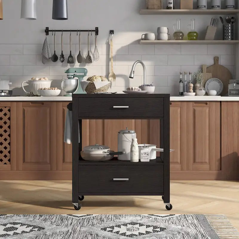 Carrello da portata moderno a 2 cassetti con portasciugamani e ripiano aperto