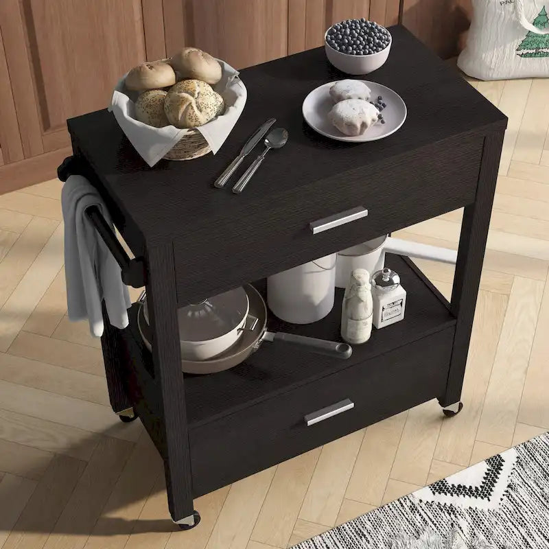 Carrello da portata moderno a 2 cassetti con portasciugamani e ripiano aperto