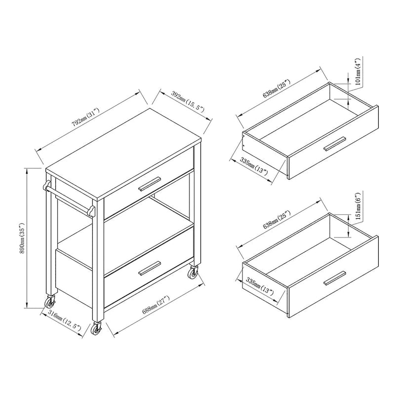 Carrello da portata moderno a 2 cassetti con portasciugamani e ripiano aperto