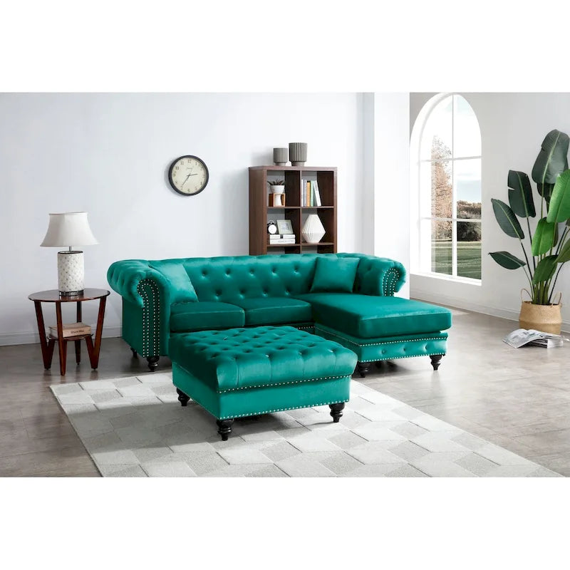 Divano in Velluto con Chaise Componibile e 2 Cuscini Decorativi – 3 Posti