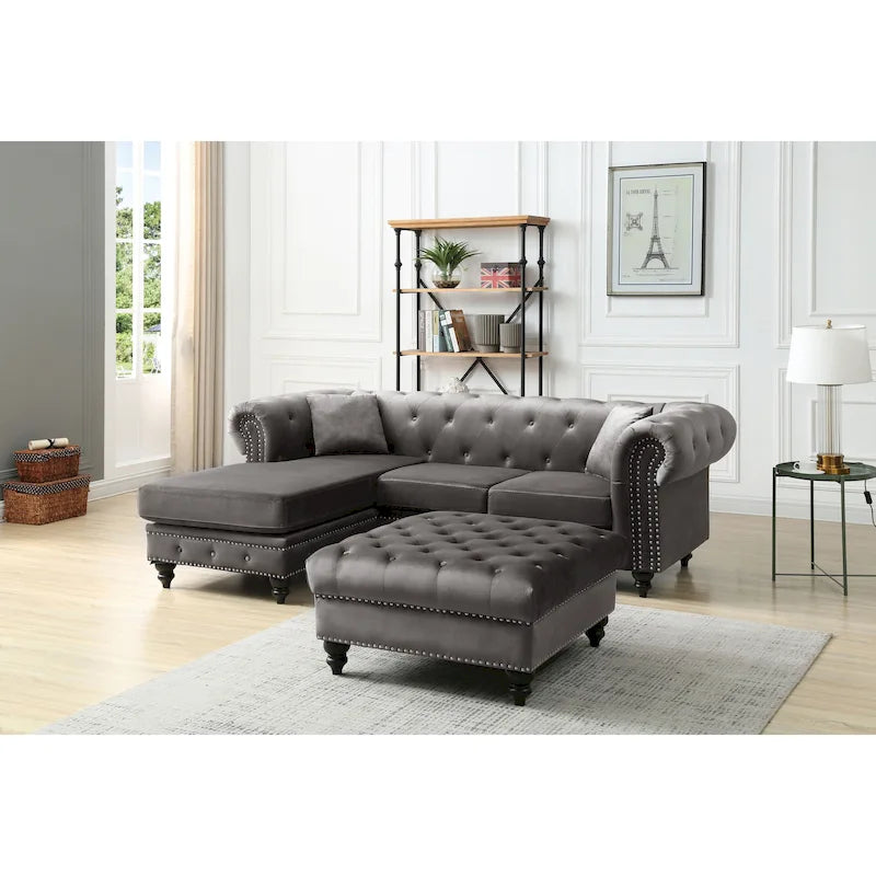 Divano in Velluto con Chaise Componibile e 2 Cuscini Decorativi – 3 Posti