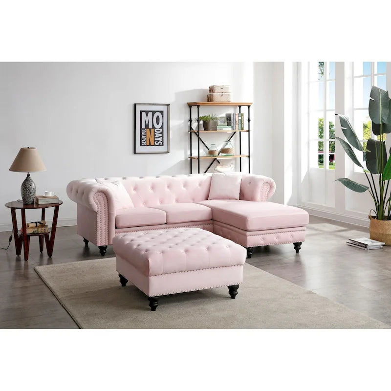 Divano in Velluto con Chaise Componibile e 2 Cuscini Decorativi – 3 Posti