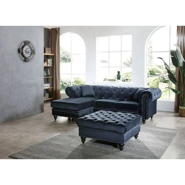 Divano in Velluto con Chaise Componibile e 2 Cuscini Decorativi – 3 Posti