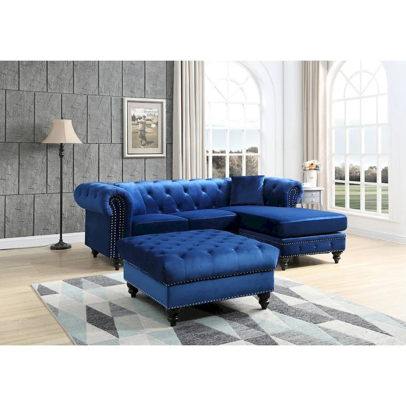 Divano in Velluto con Chaise Componibile e 2 Cuscini Decorativi – 3 Posti