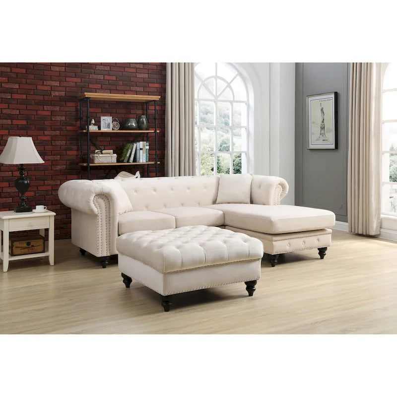 Divano in Velluto con Chaise Componibile e 2 Cuscini Decorativi – 3 Posti