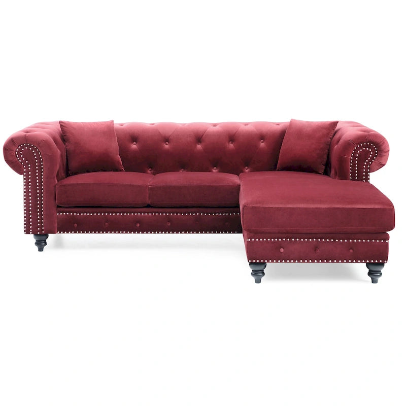 Divano in Velluto con Chaise Componibile e 2 Cuscini Decorativi – 3 Posti