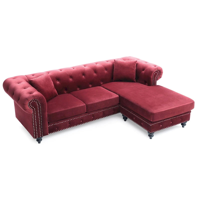 Divano in Velluto con Chaise Componibile e 2 Cuscini Decorativi – 3 Posti