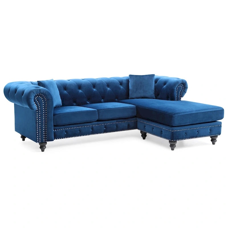 Divano in Velluto con Chaise Componibile e 2 Cuscini Decorativi – 3 Posti