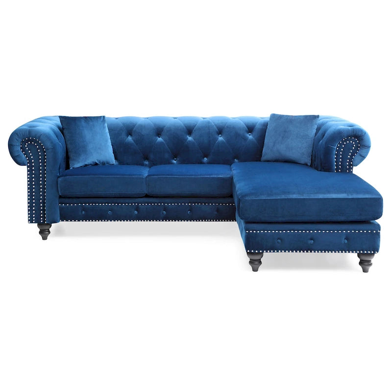 Divano in Velluto con Chaise Componibile e 2 Cuscini Decorativi – 3 Posti