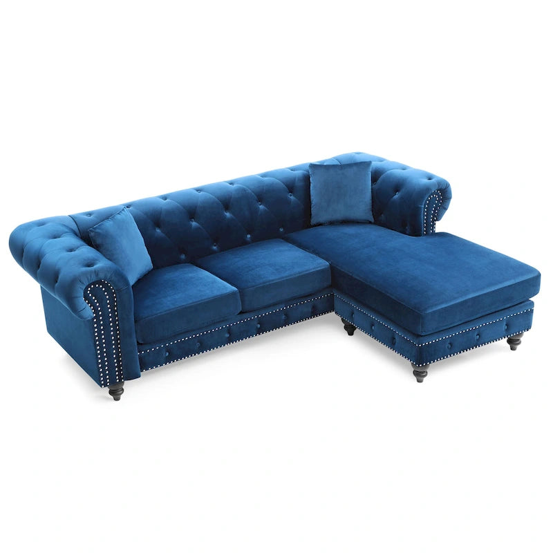 Divano in Velluto con Chaise Componibile e 2 Cuscini Decorativi – 3 Posti