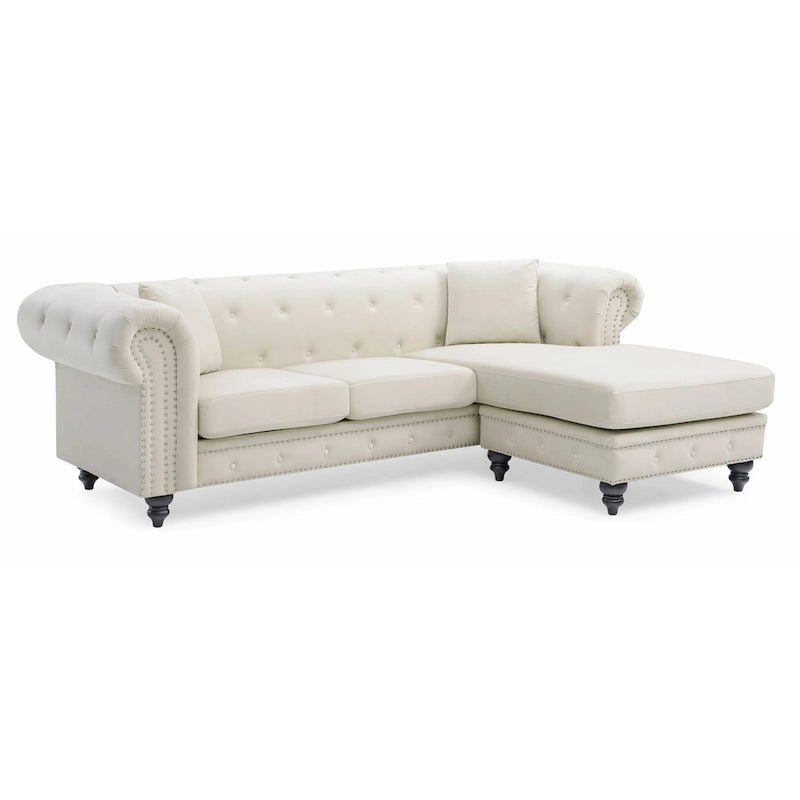 Divano in Velluto con Chaise Componibile e 2 Cuscini Decorativi – 3 Posti