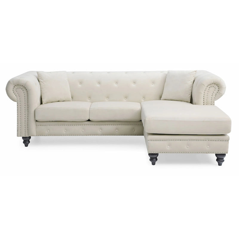 Divano in Velluto con Chaise Componibile e 2 Cuscini Decorativi – 3 Posti
