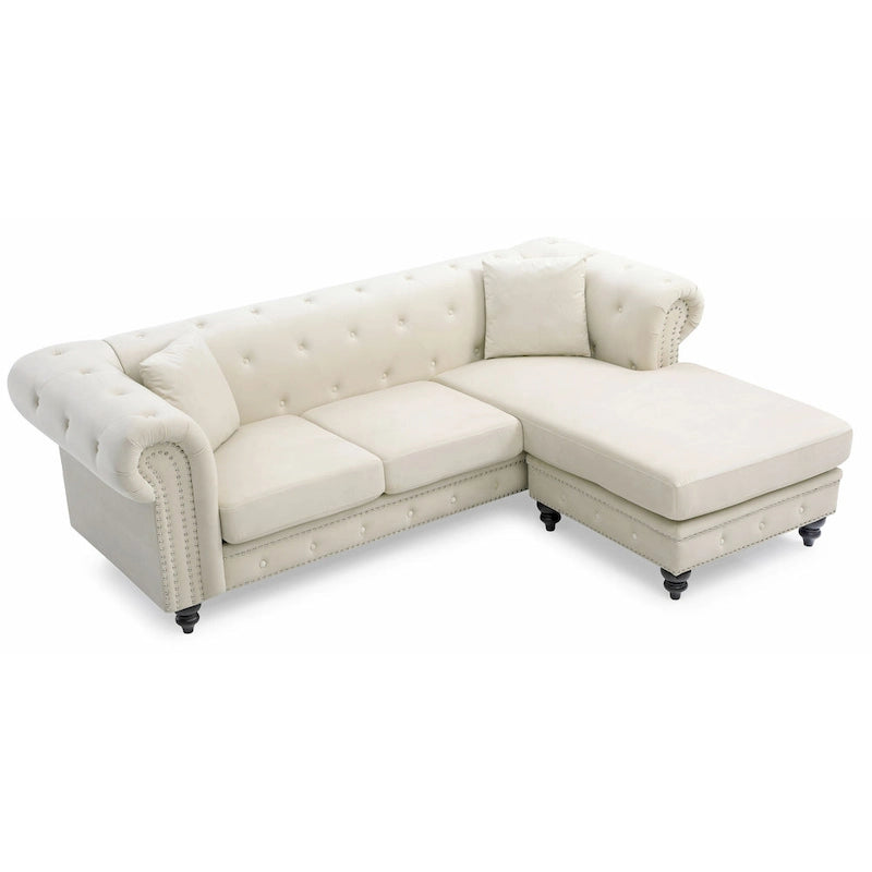 Divano in Velluto con Chaise Componibile e 2 Cuscini Decorativi – 3 Posti