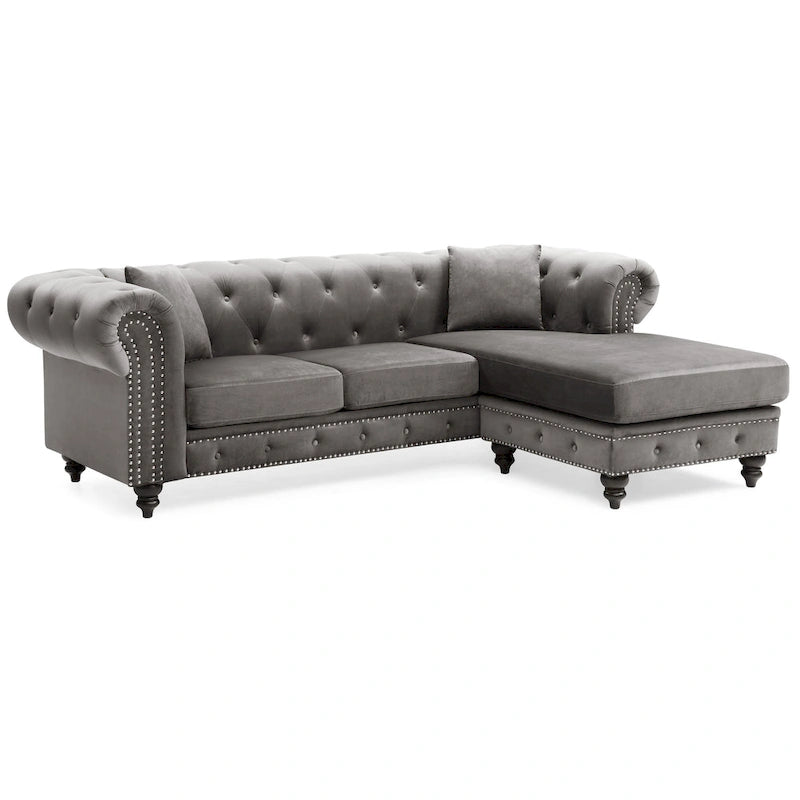Divano in Velluto con Chaise Componibile e 2 Cuscini Decorativi – 3 Posti