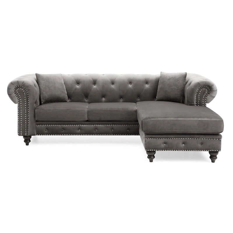 Divano in Velluto con Chaise Componibile e 2 Cuscini Decorativi – 3 Posti