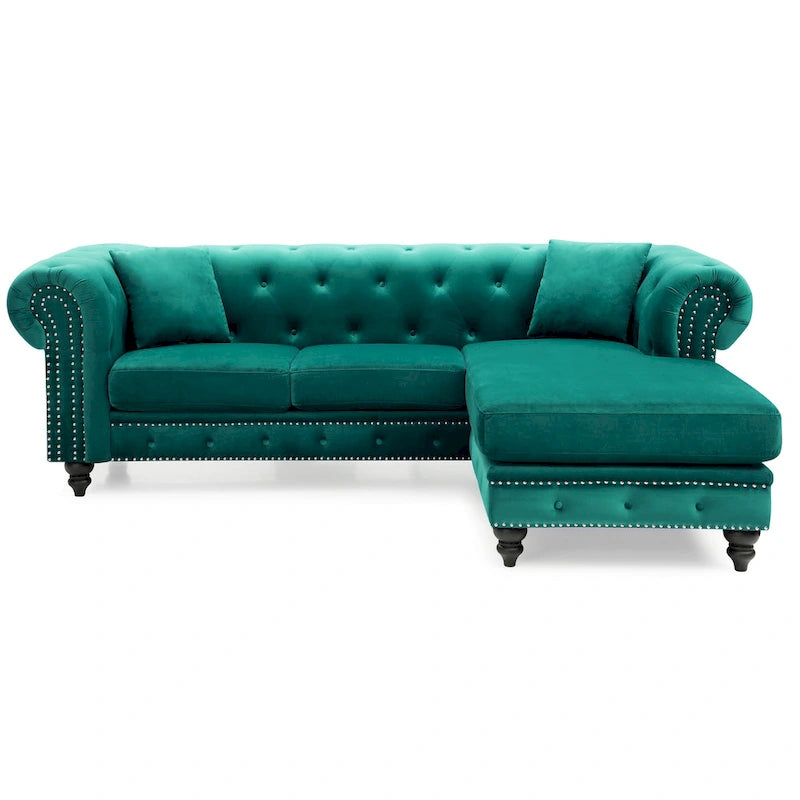 Divano in Velluto con Chaise Componibile e 2 Cuscini Decorativi – 3 Posti