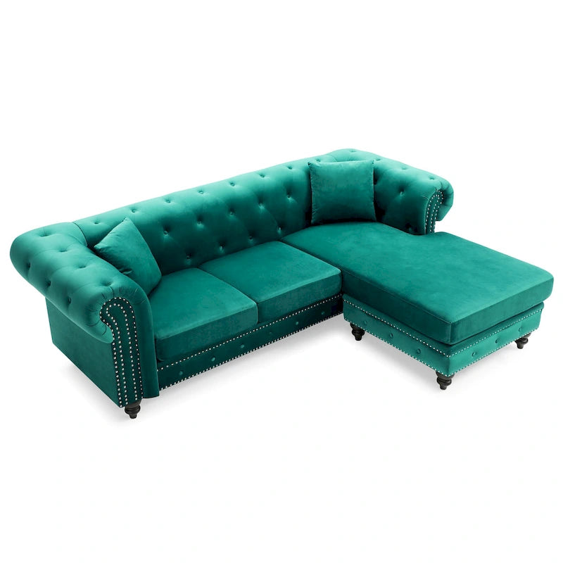 Divano in Velluto con Chaise Componibile e 2 Cuscini Decorativi – 3 Posti