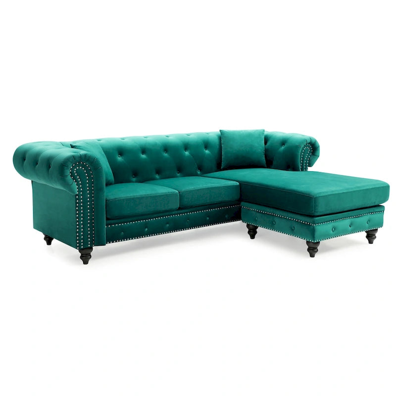 Divano in Velluto con Chaise Componibile e 2 Cuscini Decorativi – 3 Posti