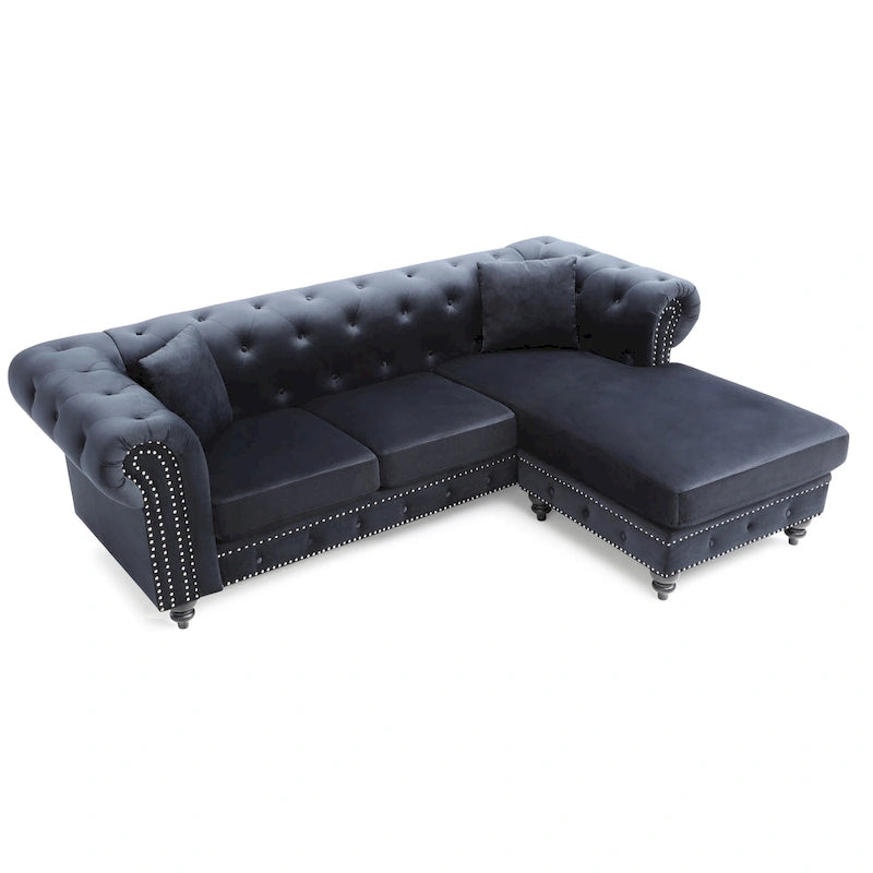 Divano in Velluto con Chaise Componibile e 2 Cuscini Decorativi – 3 Posti