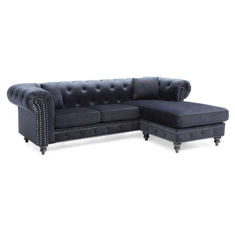Divano in Velluto con Chaise Componibile e 2 Cuscini Decorativi – 3 Posti