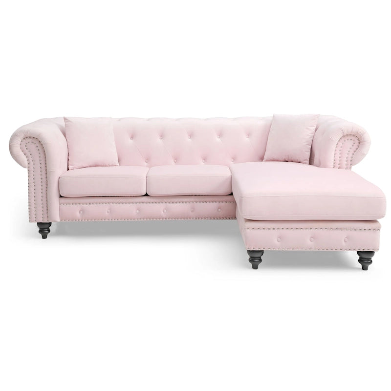 Divano in Velluto con Chaise Componibile e 2 Cuscini Decorativi – 3 Posti