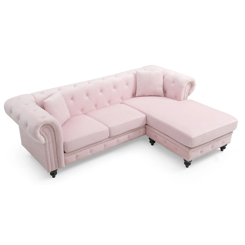 Divano in Velluto con Chaise Componibile e 2 Cuscini Decorativi – 3 Posti