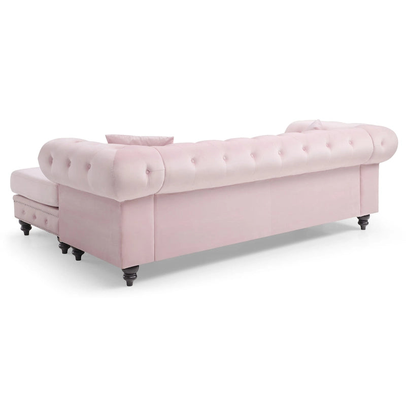 Divano in Velluto con Chaise Componibile e 2 Cuscini Decorativi – 3 Posti