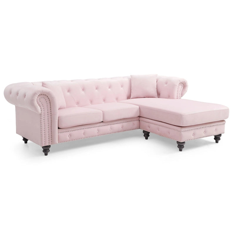 Divano in Velluto con Chaise Componibile e 2 Cuscini Decorativi – 3 Posti