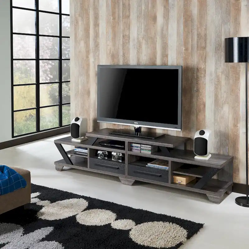 Mobile TV a livelli largo 82" con 2 cassetti e ripiani aperti – Grigio anticato