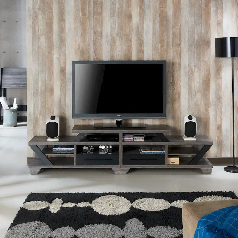 Mobile TV a livelli largo 82" con 2 cassetti e ripiani aperti – Grigio anticato