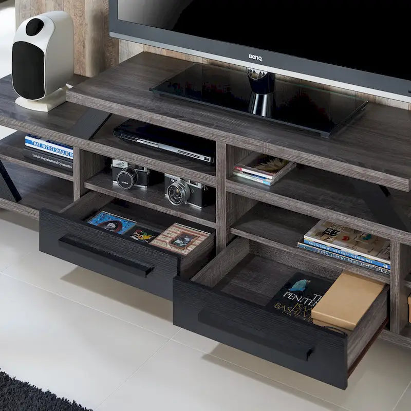 Mobile TV a livelli largo 82" con 2 cassetti e ripiani aperti – Grigio anticato
