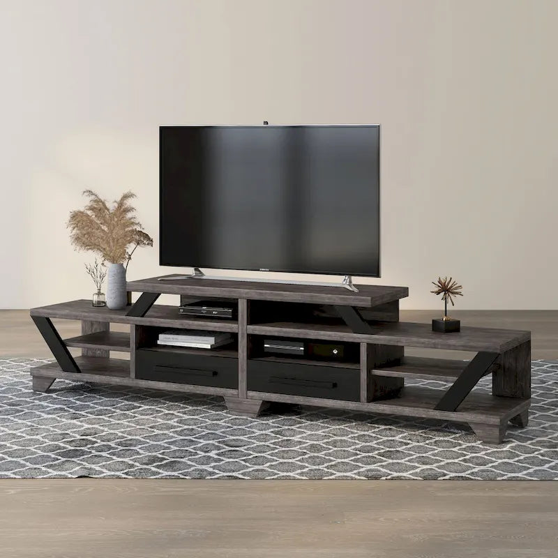 Mobile TV a livelli largo 82" con 2 cassetti e ripiani aperti – Grigio anticato
