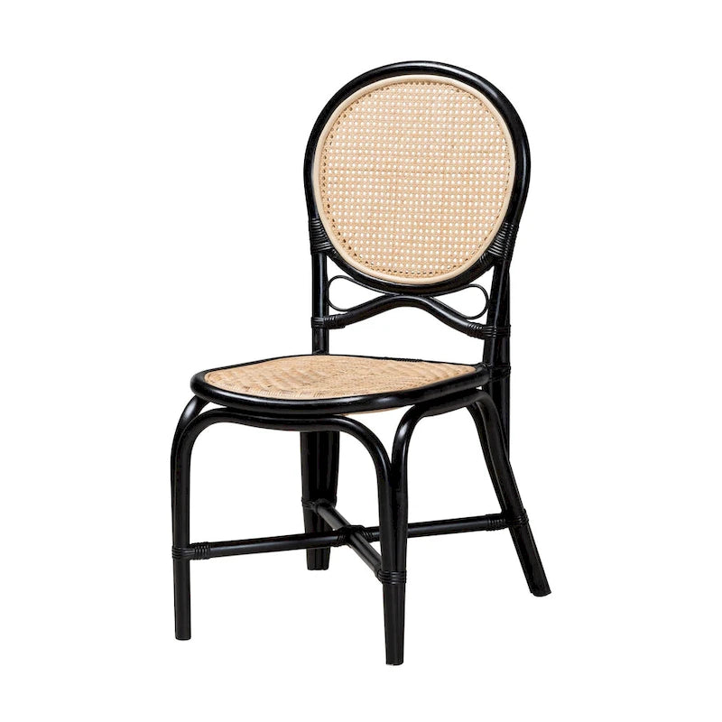 Sedia da pranzo artigianale Mid-Century Modern in rattan – Nera e Marrone Naturale